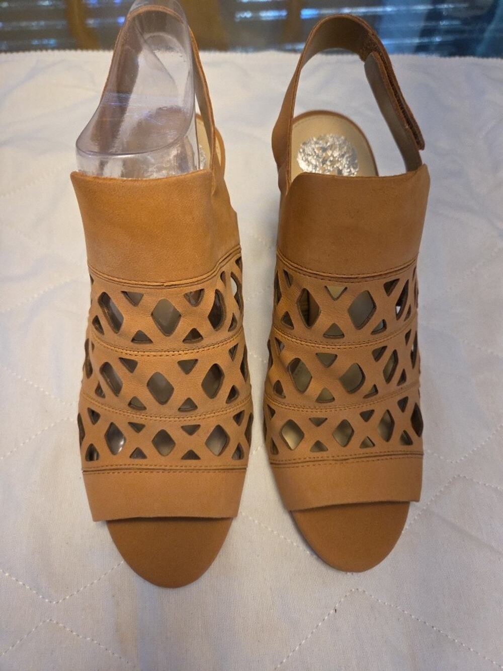 NEW Vince Camuto Women’s Tan Leather Cut-Out Open Toe Slingback Slip-On Heels 9M
